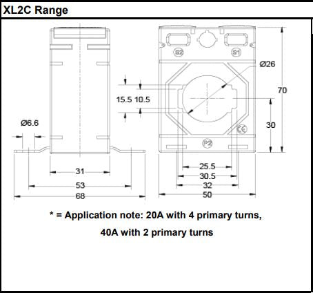 XL2C Single Phase CT Dimensions